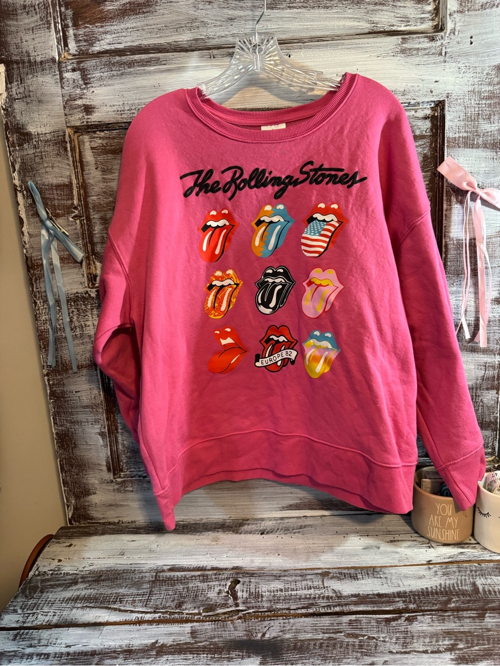 The Rolling Stones Hot Pink Logo Patchwork Crewneck Sweatshirt
